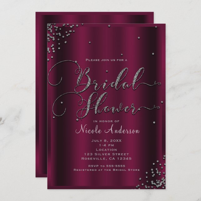 Bridal Shower Modern Burgundy Silver Confetti Invitation (Front/Back)