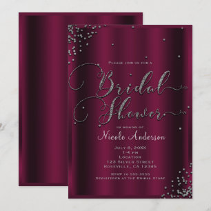 Bridal Shower Modern Burgundy Silver Confetti Invitation
