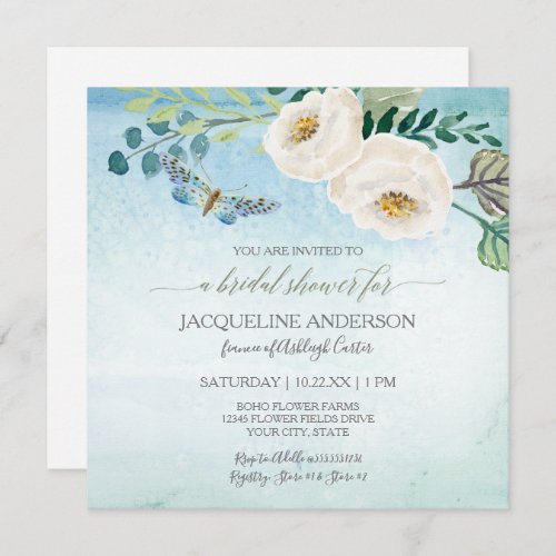 Bridal Shower Modern Butterfly Roses Blue Wreath Invitation