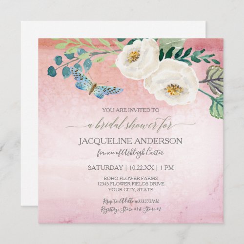 Bridal Shower Modern Butterfly Roses Pink Wreath Invitation