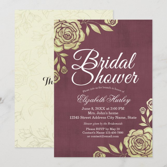 Bridal Shower Modern Chic Golden Rose Burgundy Red Invitation (Front/Back)