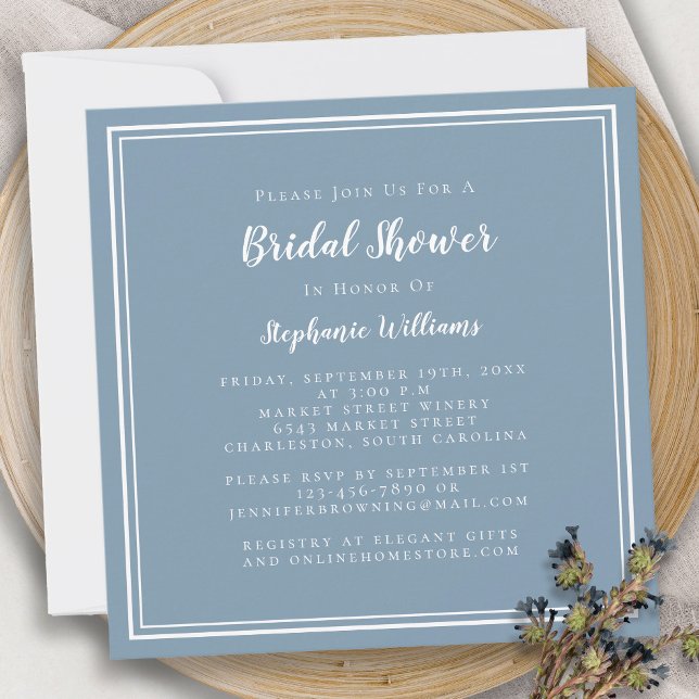 Bridal Shower Modern Elegant Dusty Blue Square Invitation (Creator Uploaded)