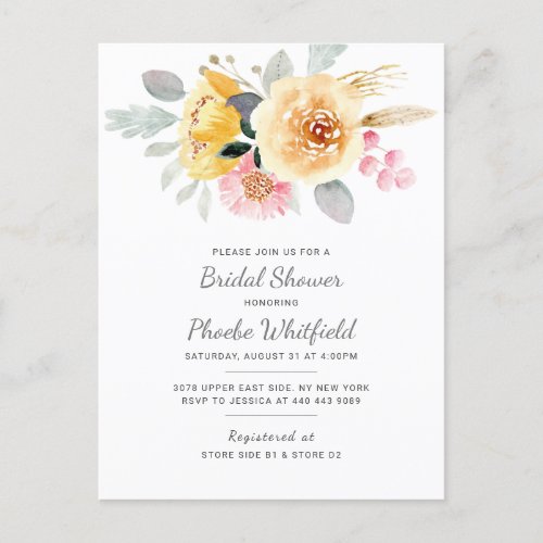 Bridal Shower Modern Floral Rustic Pink Yellow Invitation Postcard