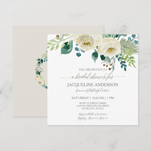 Bridal Shower Modern Ivory Roses Foliage Wreath Invitation (Front/Back)