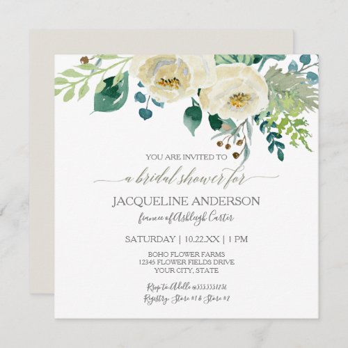 Bridal Shower Modern Ivory Roses Foliage Wreath Invitation