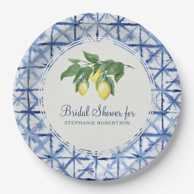Bridal Shower Modern Lemon and Leaf Indigo Shibori Paper Plates (Front)