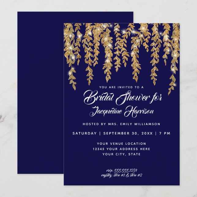 Bridal Shower Modern Navy Gold Twinkle Lights Invitation (Front/Back)
