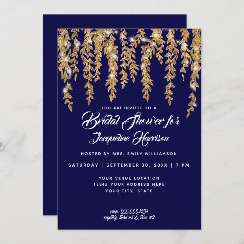 Bridal Shower Modern Navy Gold Twinkle Lights Invitation