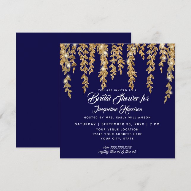 Bridal Shower Modern Navy Gold Twinkle Lights Invitation (Front/Back)