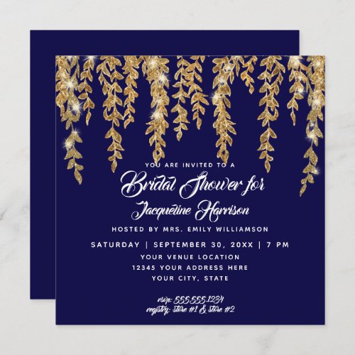 Bridal Shower Modern Navy Gold Twinkle Lights Invitation