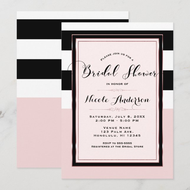 Bridal Shower Modern Pink Black & White Stripes Invitation (Front/Back)