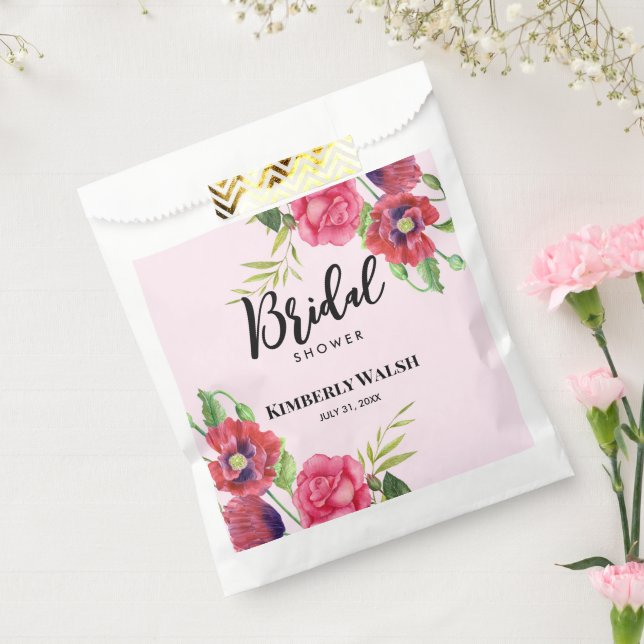 Bridal Shower Modern Red Pink Floral on Light Pink Favor Bag (Sealed)