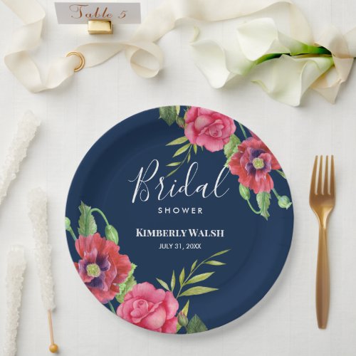 Bridal Shower Modern Red Pink Flowers on Dark Navy Paper Plates