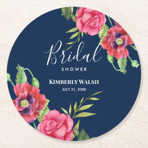 Bridal Shower Modern Red Pink Flowers on Dark Navy Round Paper Coaster