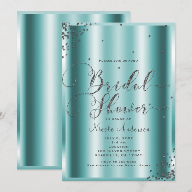 Bridal Shower Modern Silver Aqua Confetti Corners Invitation (Front/Back)