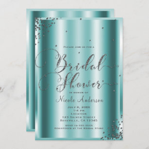 Bridal Shower Modern Silver Aqua Confetti Corners Invitation