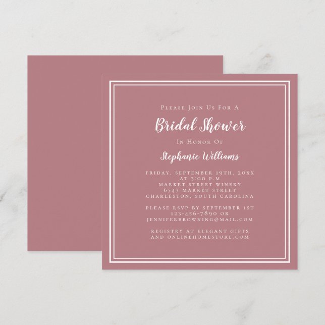 Bridal Shower Modern Square Chic Dusty Rose Pink Invitation (Front/Back)