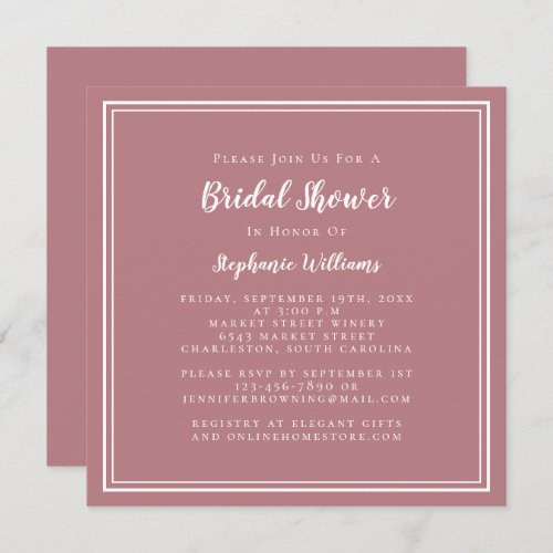 Bridal Shower Modern Square Chic Dusty Rose Pink Invitation