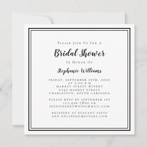 Bridal Shower Modern Square Elegant Black  White Invitation