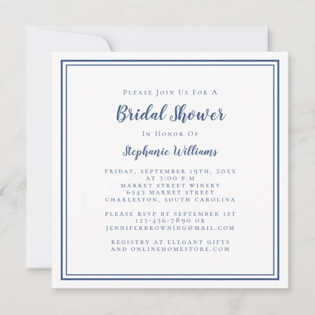 Bridal Shower Modern Square Elegant Classic Blue Invitation (Front)