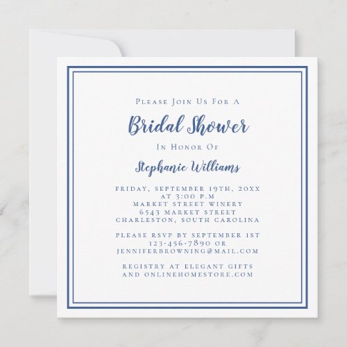Bridal Shower Modern Square Elegant Classic Blue Invitation