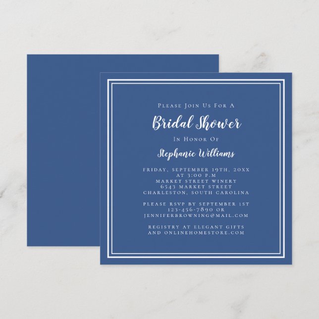 Bridal Shower Modern Square Elegant Classic Navy Invitation (Front/Back)
