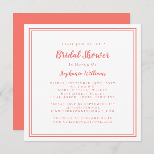 Bridal Shower Modern Square Elegant Coral White Invitation