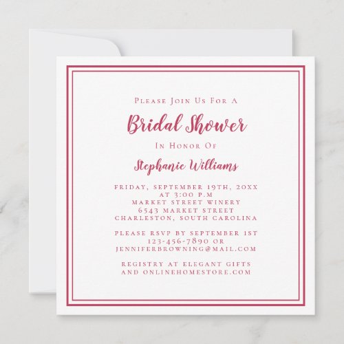 Bridal Shower Modern Square Elegant Magenta Red Invitation