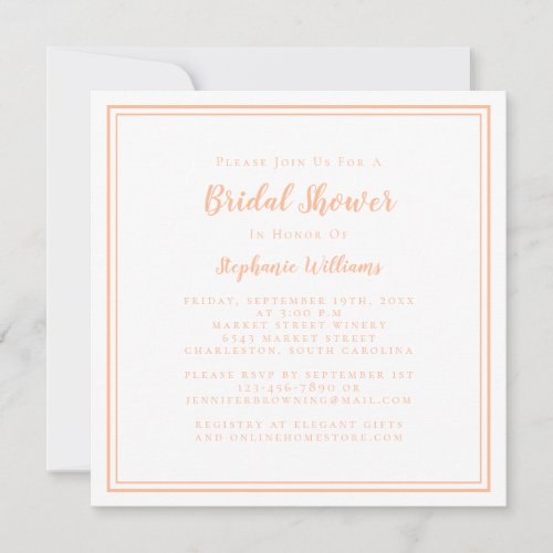 Bridal Shower Modern Square Elegant Peach White Invitation