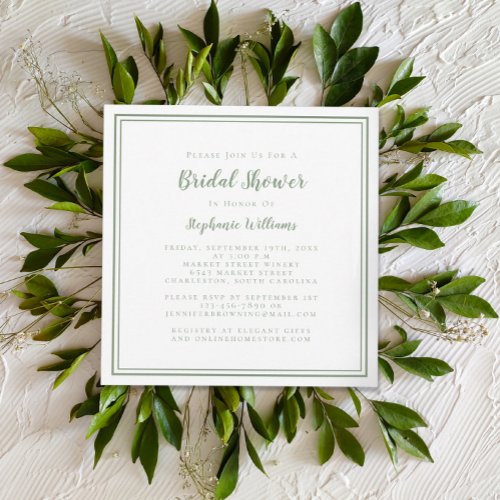 Bridal Shower Modern Square Elegant Sage Green Invitation