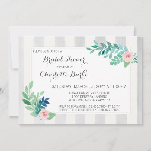 Bridal Shower Modern Stripes  Watercolor Floral Invitation