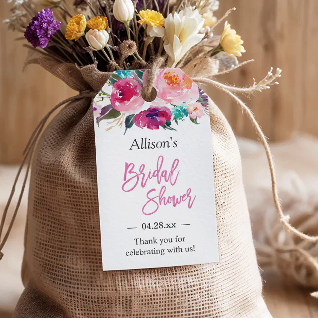 Bridal Shower Modern Watercolor Floral Thank You Gift Tags | Zazzle