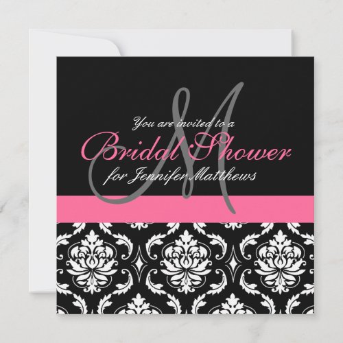 Bridal Shower Monogram Damask Invitations Pink