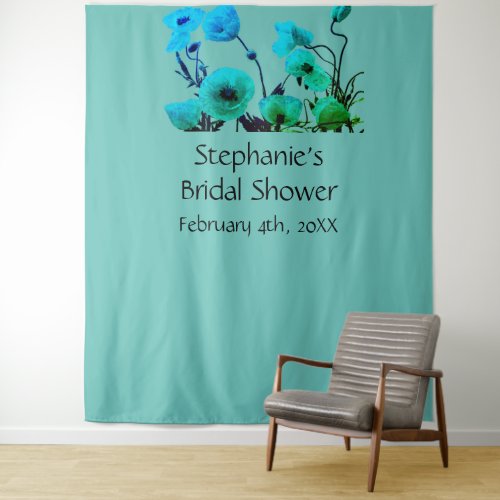 Bridal Shower Monogram Name Floral Neon Blue Teal Tapestry