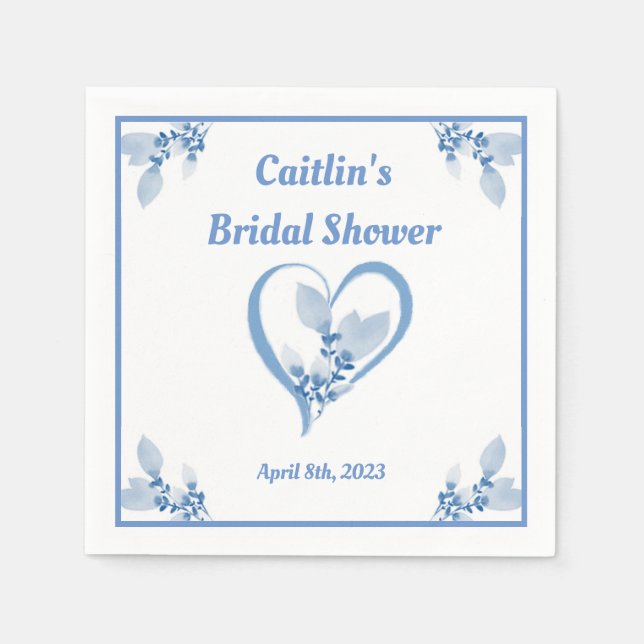 Bridal Shower Napkin - Blue Watercolor Heart theme (Front)