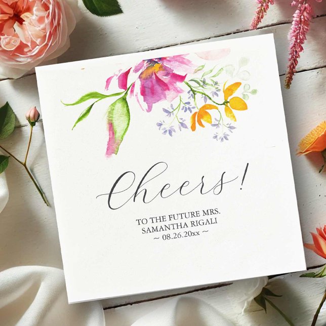 Bridal Shower Napkins Pink Watercolor Flowers (Bridal shower napkins. Pink and orange watercolor flowers by Victoria Grigaliunas Do Tell A Belle)