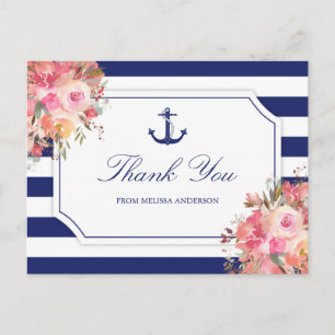 Bridal Shower Nautical Anchor Floral Thank You Postcard