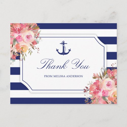 Bridal Shower Nautical Anchor Floral Thank You Postcard