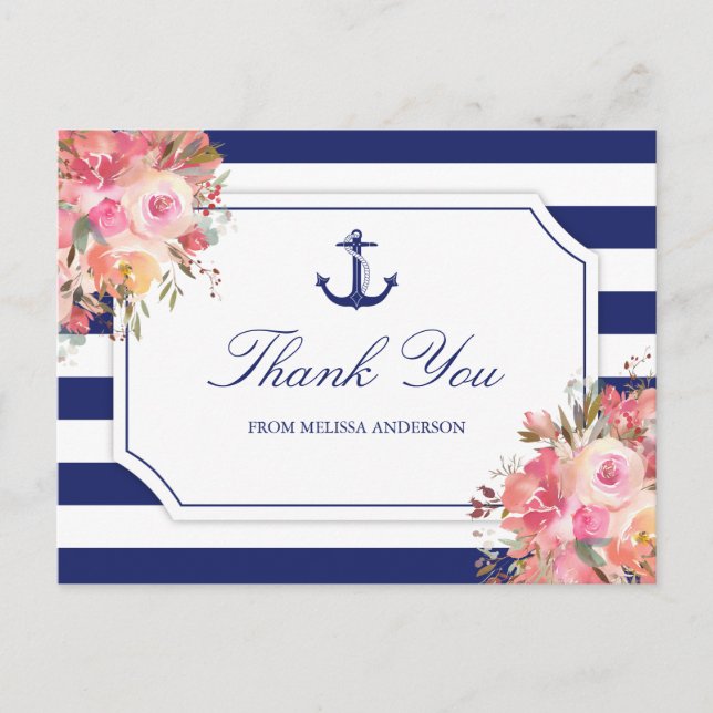 Bridal Shower Nautical Anchor Floral Thank You Postcard (Front)