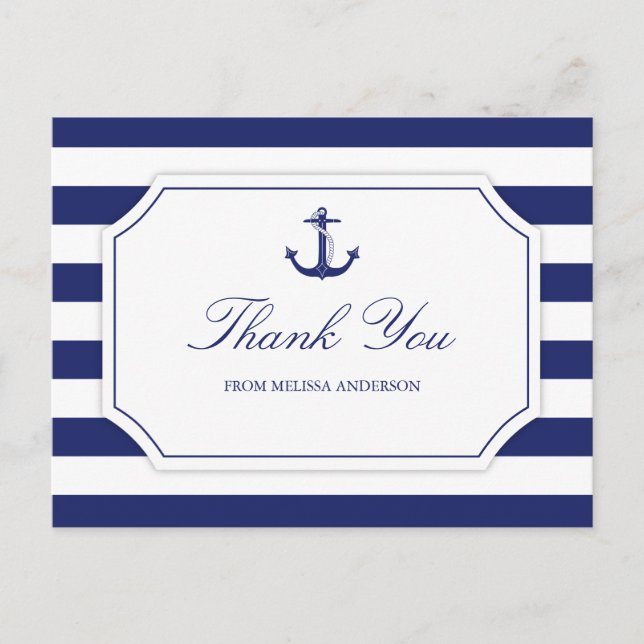Bridal Shower Nautical Anchor Navy Blue Thank You Postcard (Front)