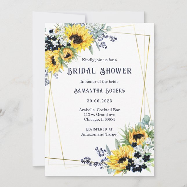 Bridal Shower Navy Blue and Sunflower Invitation (Front)