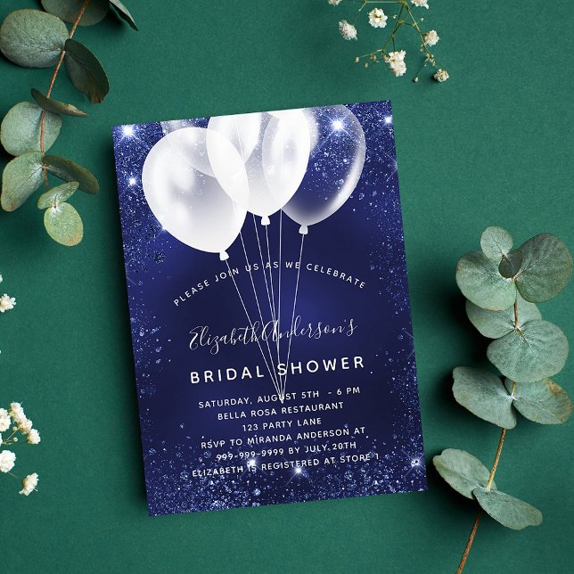 Bridal Shower navy blue balloon sparkles elegant Invitation (Creator Uploaded)