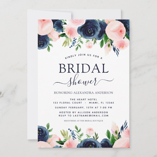 Bridal Shower Navy Blue Blush Pink Floral Invitation (Front)