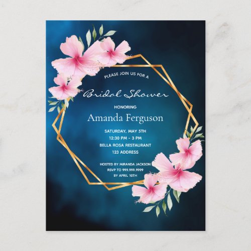 Bridal shower navy blue blush pink florals postcard