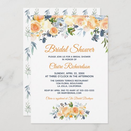 Bridal Shower Navy Blue Coral Watercolor Floral Invitation