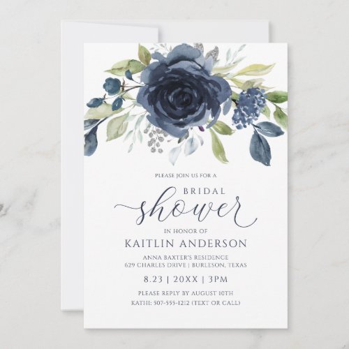 Bridal Shower Navy Blue Floral Watercolor Silver Invitation