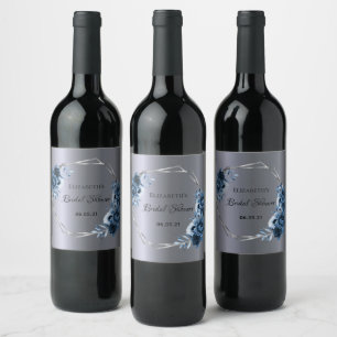 Bridal shower navy blue florals silver boho wine label