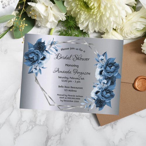 Bridal shower navy blue florals silver invitation postcard