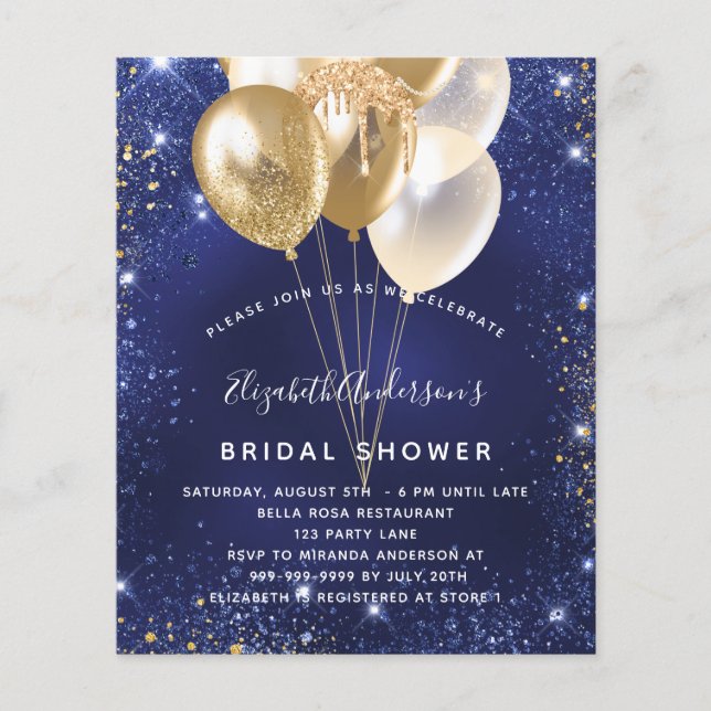 Bridal Shower navy blue gold balloons budget Flyer (Front)