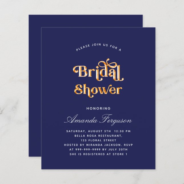 Bridal shower navy blue gold budget invitation (Front/Back)